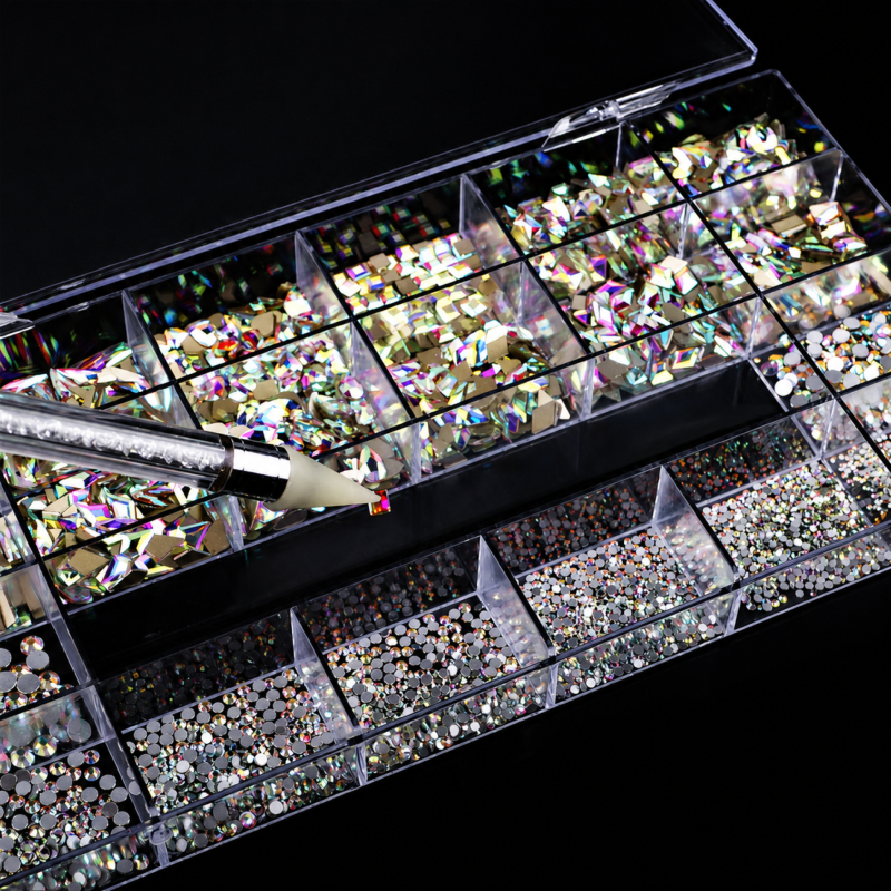Boîte de diamants de luxe irisés avec wax rhinestone picker