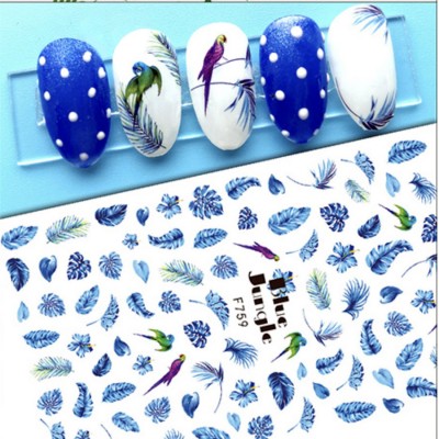 Stickers perroquet feuilles bleues F759