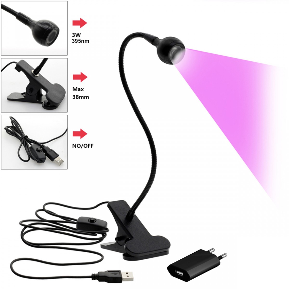 Lampe clip UV / LED 3W pose Américaine / Popits